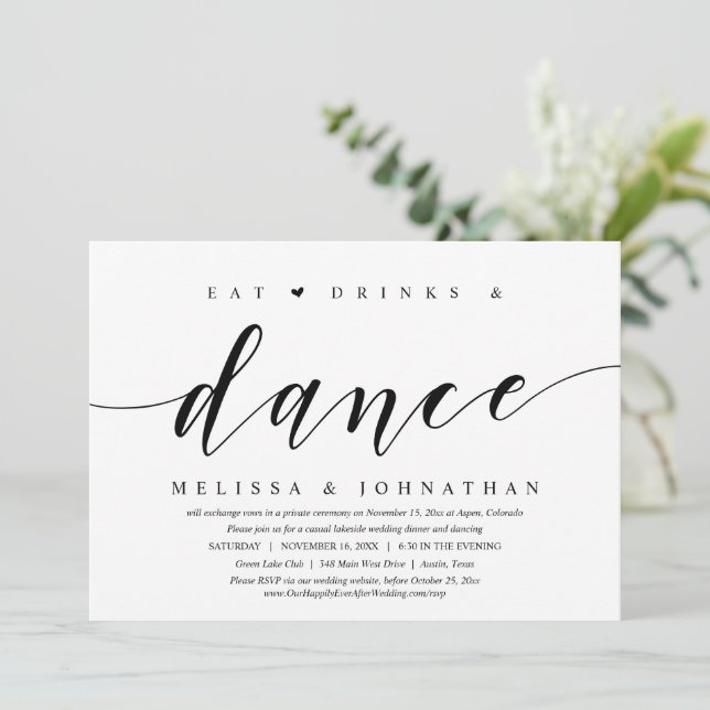 Eat, Drink and Dance, Wedding Elopement Party Invitation (Standing Front)