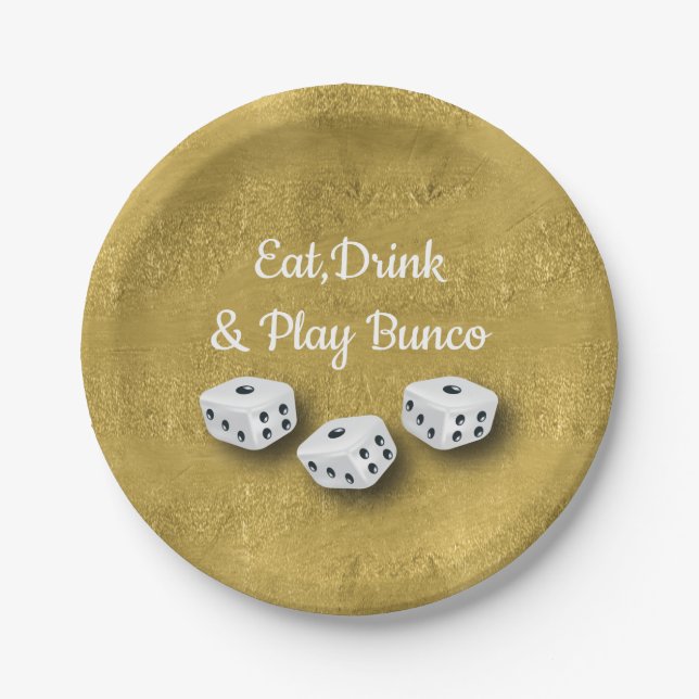 Eat, Drink and Play Gold Dice Bunco Paper Plate (Front)