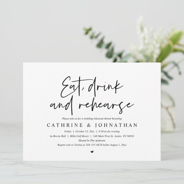 Eat, Drink and Rehearse, Wedding Rehearsal Dinner Invitation (Standing Front)