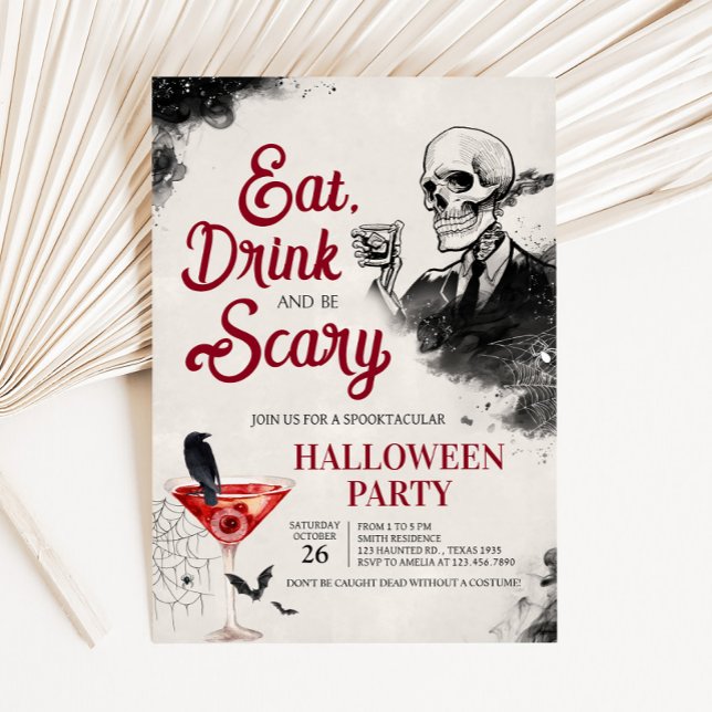 Eat Drink and Scary Vintage Halloween Party Invitation (Eat Drink and Scary Vintage Gothic Skull Halloween Party Invitation)