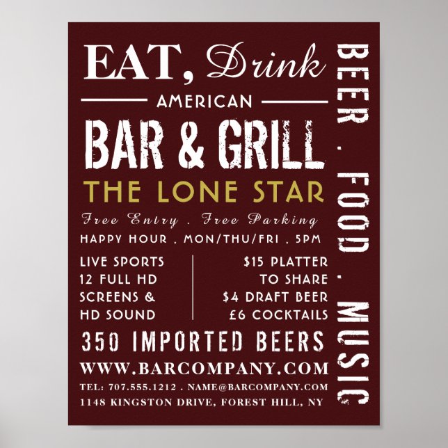 Eat, Drink Bar & Grill, Pub/Brewery Advertising Poster (Front)