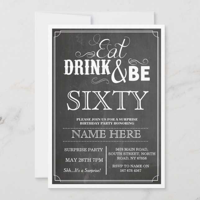 Eat Drink & Be 60 or Any Age Birthday Party Invite (Front)
