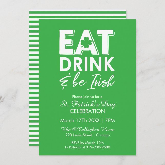 Eat, Drink & Be Irish Modern St. Patrick's Day Invitation (Front/Back)