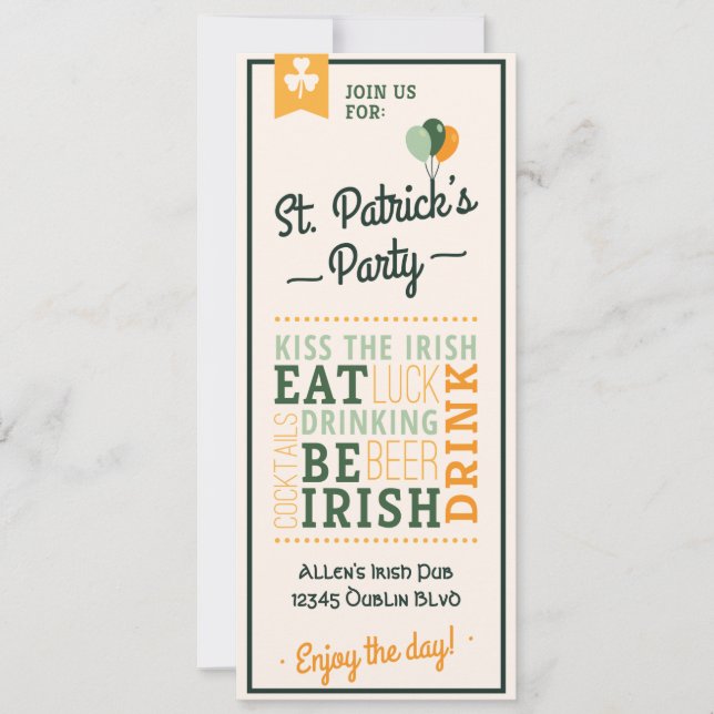 Eat Drink Be Irish St. Patrick's Day Invitation (Front)