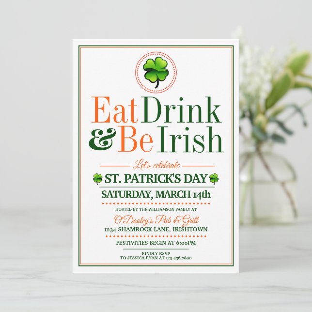 Eat/Drink/Be Irish St.Pat's Party Invitations (Standing Front)