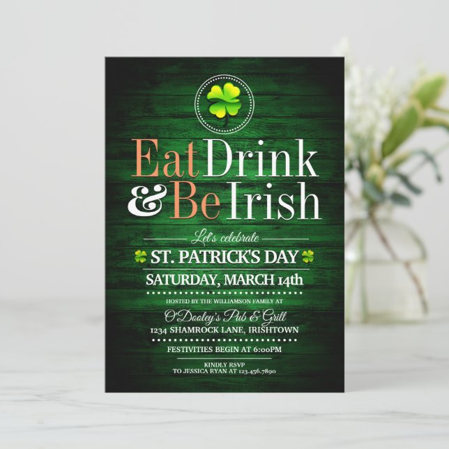 Eat/Drink/Be Irish St.Pat's Party Invitations (Standing Front)