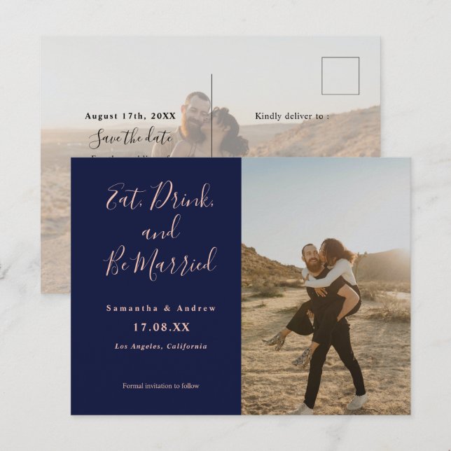 Eat drink be married 2 photos navy save the date postcard (Front/Back)