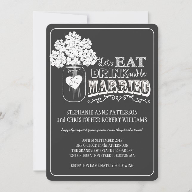 Eat, Drink & Be Married Chalkboard Style Wedding Invitation (Front)