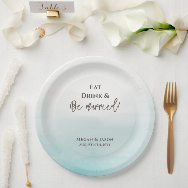 Eat Drink Be Married Dusty Blue Wedding Party Paper Plate (Wedding)