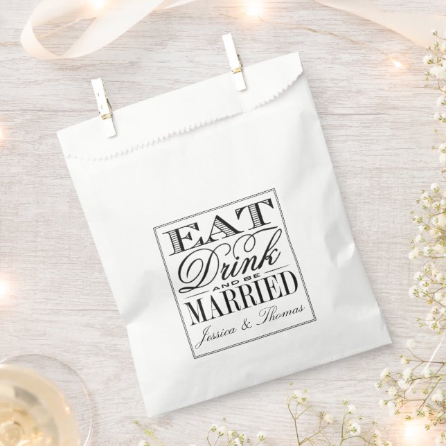 Eat, Drink & Be Married Modern Black/White Wedding Favour Bag (Clipped)