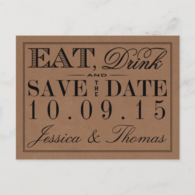 Eat, Drink & Be Married Rustic Kraft Wedding Announcement Postcard (Front)