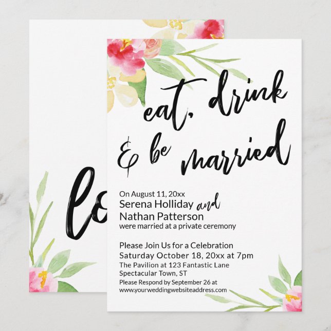 Eat, Drink & Be Married Typography Painted Flowers Invitation (Front/Back)