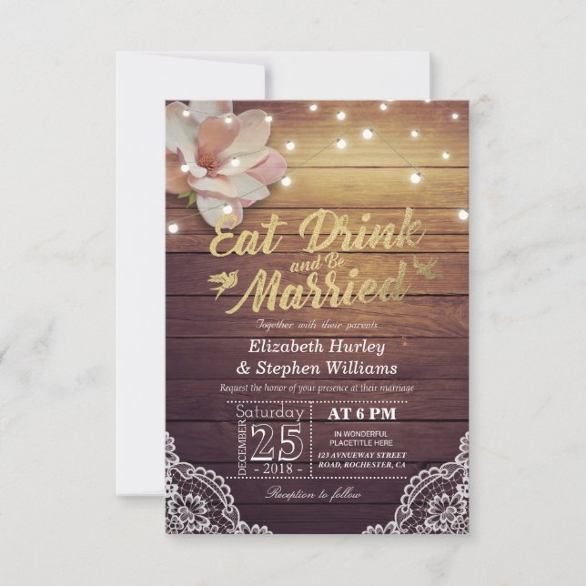EAT Drink & Be Married Wedding Floral Rustic Wood Invitation (Front)