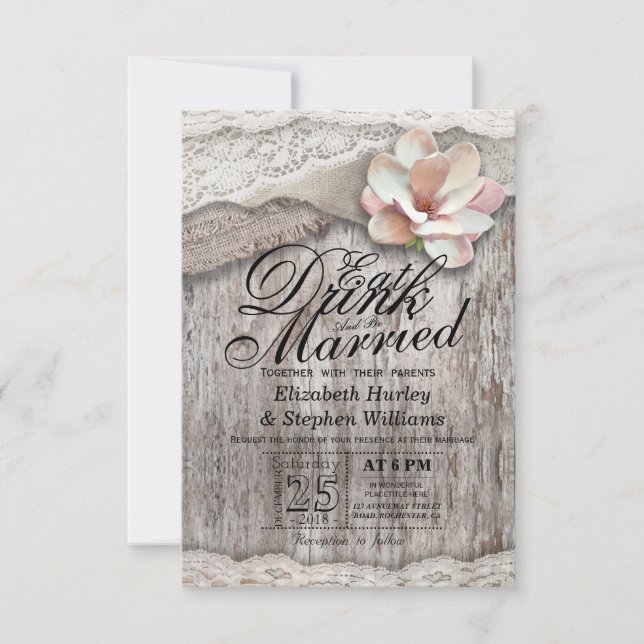 EAT Drink & Be Married Wedding Wood Burlap Lace Invitation (Front)