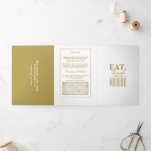 Eat, Drink & be Married White & Gold Wedding Suite Tri-Fold Invitation