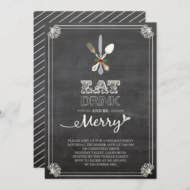 Eat Drink Be Merry Chalkboard Holiday Party Invite (Front/Back)