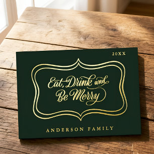 Eat Drink & be Merry Christmas Classic Gold Frame Foil Holiday Card