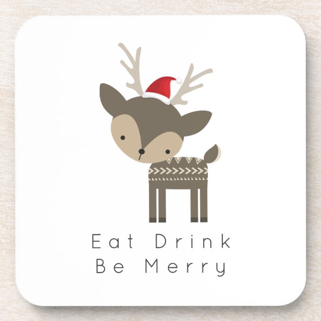 Eat Drink Be Merry Christmas Deer In Red Santa Hat Coaster (Front)