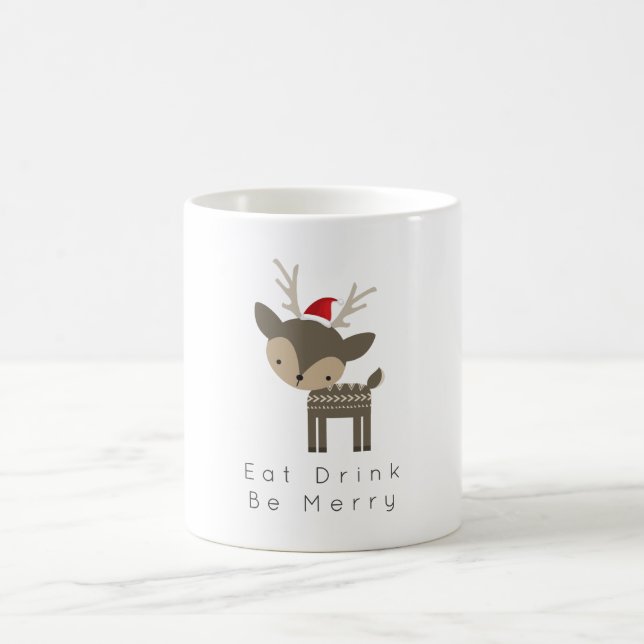 Eat Drink Be Merry Christmas Deer In Red Santa Hat Coffee Mug (Center)