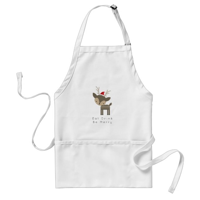 Eat Drink Be Merry Christmas Deer In Red Santa Hat Standard Apron (Front)