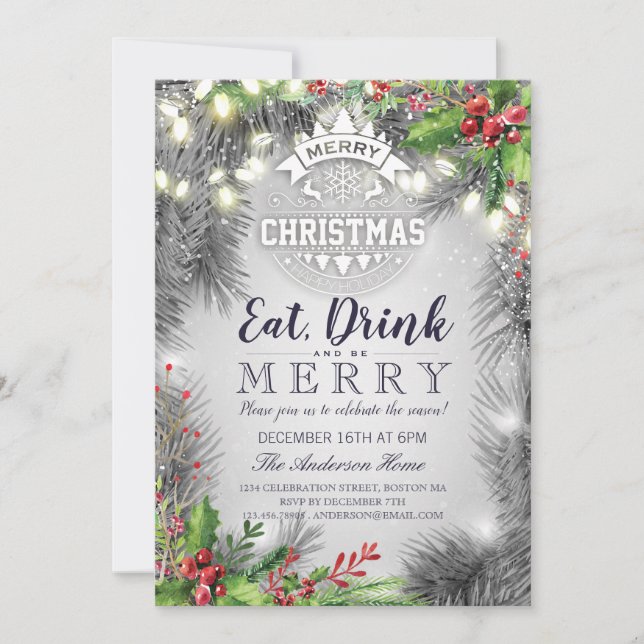 Eat Drink Be Merry Christmas Holiday Dinner Party Invitation (Front)