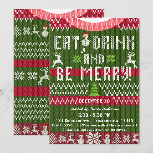 Eat Drink Be Merry Christmas Holiday Knit Sweater Invitation (Front/Back)