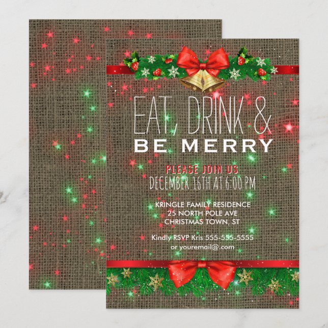 Eat Drink Be Merry Christmas Holiday Party Rustic Invitation (Front/Back)
