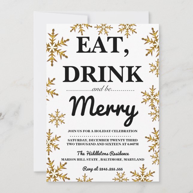 Eat Drink Be Merry Christmas Party Gold Snowflakes Invitation (Front)