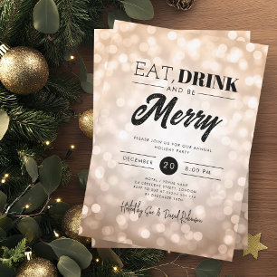Eat, Drink Be Merry Copper Bokeh Holiday Xmas  Invitation