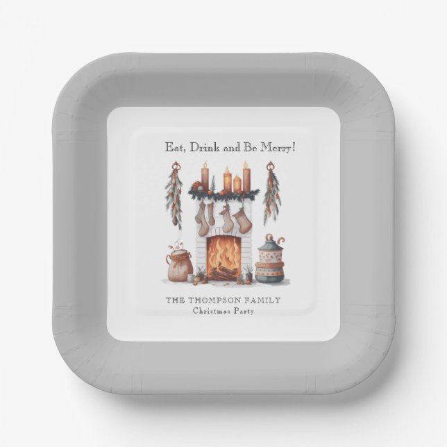 Eat Drink Be Merry Festive Fireplace Christmas Paper Plate (Front)