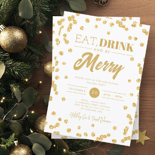 Eat Drink Be Merry Gold Glam Glitter Holiday Xmas  Invitation