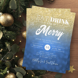 Eat, Drink Be Merry Gold Navy Bokeh Holiday Xmas  Invitation