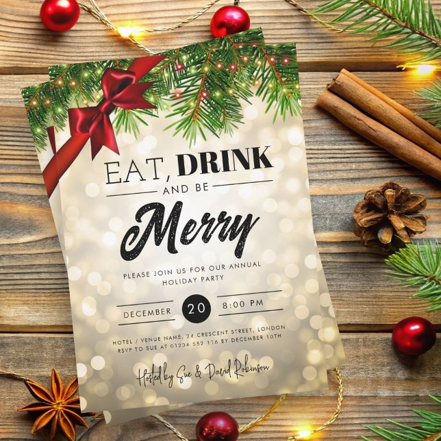 Eat, Drink Be Merry Gold Pine Lights Holiday Xmas  Invitation (Eat, Drink Be Merry Gold Pine Lights Holiday Xmas Invitation)