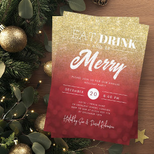 Eat, Drink Be Merry Gold Red Bokeh Holiday Xmas  Invitation