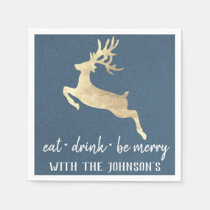 Eat Drink Be Merry Gold Reindeer Kraft White Blue Napkin