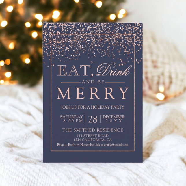 Eat drink be merry Holiday rose gold navy blue Invitation (Eat drink be merry Holiday rose gold navy blue Invitation)