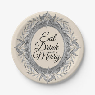 Eat Drink Be Merry Holiday Silver Leaves Wreath Paper Plate