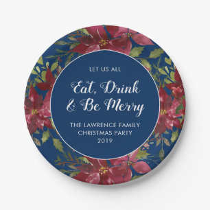 Eat Drink Be Merry Navy Floral Christmas Party Paper Plate