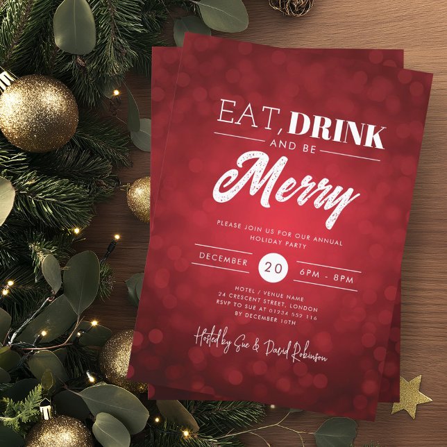 Eat, Drink Be Merry Red Bokeh Holiday Xmas  Invitation (Creator Uploaded)