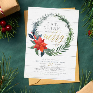Eat Drink & Be Merry   Rustic Wood Dinner Party Invitation