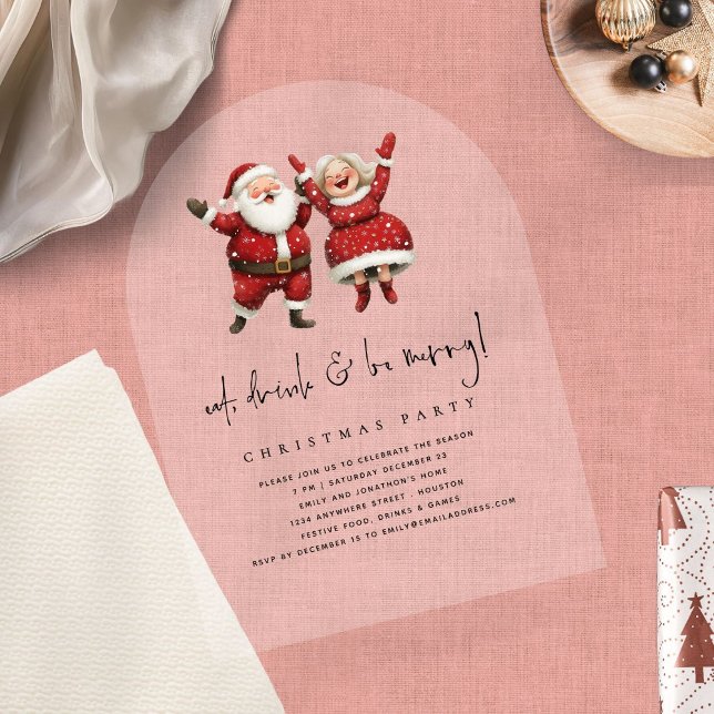 Eat Drink Be Merry Santa Mrs Claus Christmas Acrylic Invitations (Creator Uploaded)