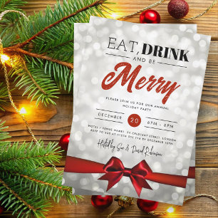 Eat, Drink Be Merry Silver Bokeh Holiday Xmas Bow Invitation