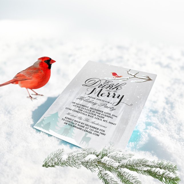 Eat Drink & Be Merry Snow Deer Bird Holiday Party Invitation (Creator Uploaded)