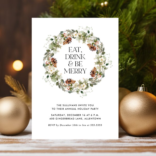 Eat Drink Be Merry Watercolor Wreath Holiday Party Invitation (Creator Uploaded)