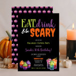 Eat, Drink & Be Scary Halloween Birthday Party Invitation<br><div class="desc">Celebrate a birthday milestone with this spooky Eat,  Drink & Be Scary Halloween Birthday Party Invitation!  Featuring retro neon colours and graphics on a black background for a vintage vibe.  Back page is optional and tiled with purple jack-o-lanterns.</div>