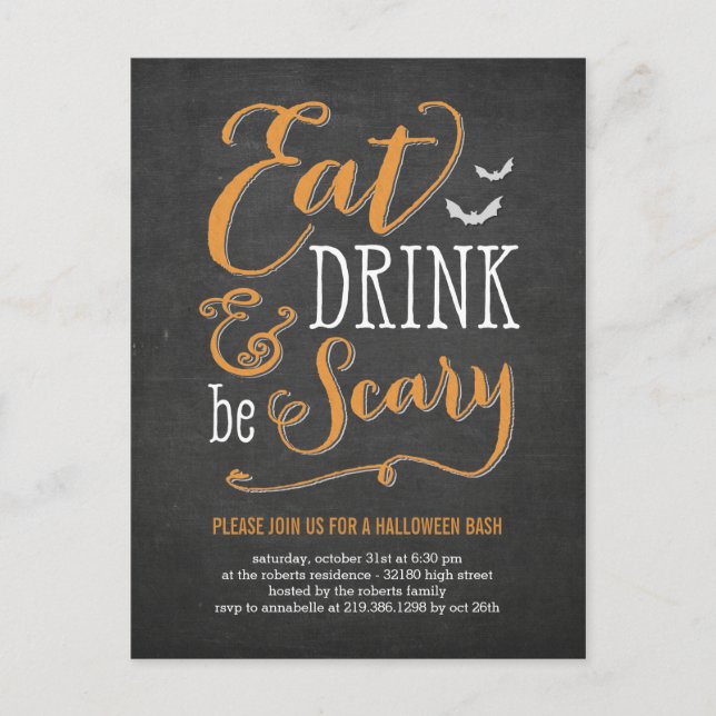 Eat Drink Be Scary Halloween Invitation Postcard (Front)