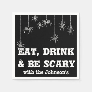 Eat Drink Be Scary Hanging Spider Halloween Black Napkin