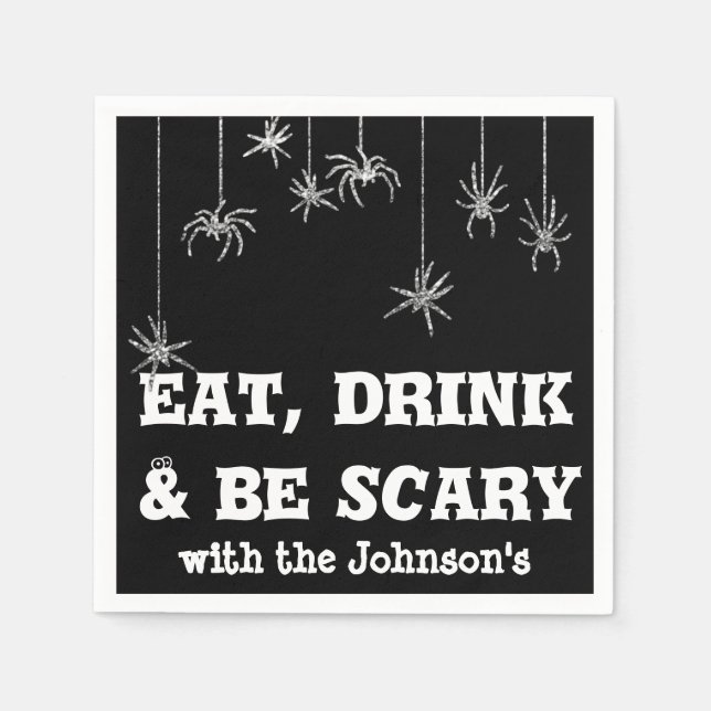Eat Drink Be Scary Hanging Spider Halloween Black Napkin (Front)
