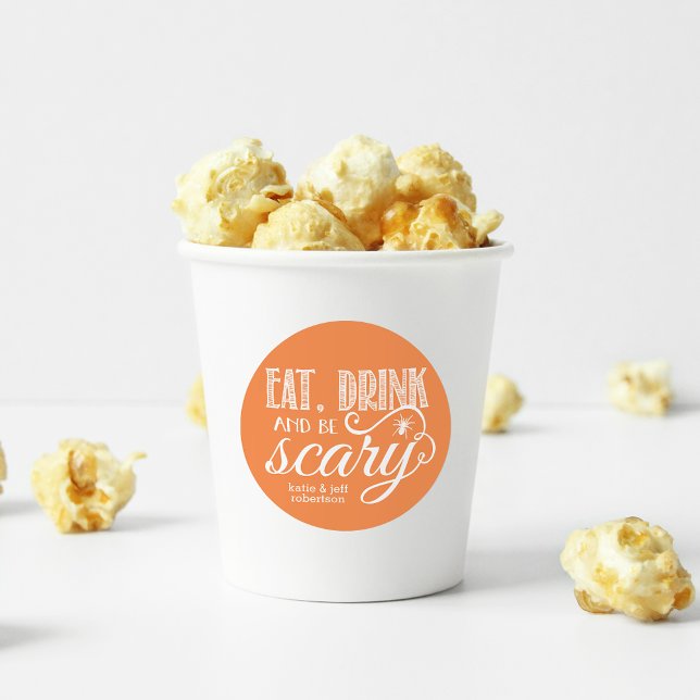 Eat, Drink & Be Scary Orange Halloween Party Classic Round Sticker (Creator Uploaded)