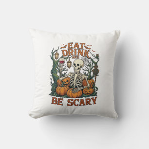 Eat Drink Be Scary Skeleton Halloween Pumpkins_1 Throw Pillow
